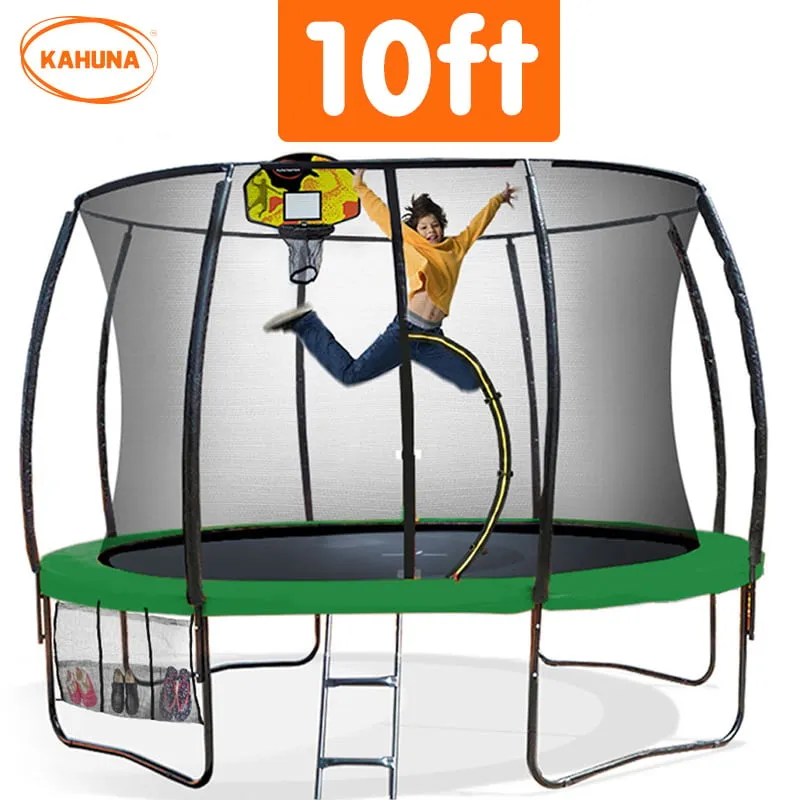 10ft Outdoor Trampoline With Safety Enclosure Pad | Ladder | Basketball Hoop Set | Green | Kahuna
