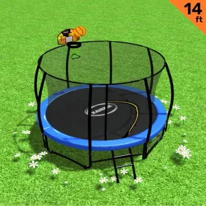 14ft Outdoor Trampoline for Kids with Safety Enclosure, Pad, Mat, Ladder, and Basketball Hoop Set - Blue