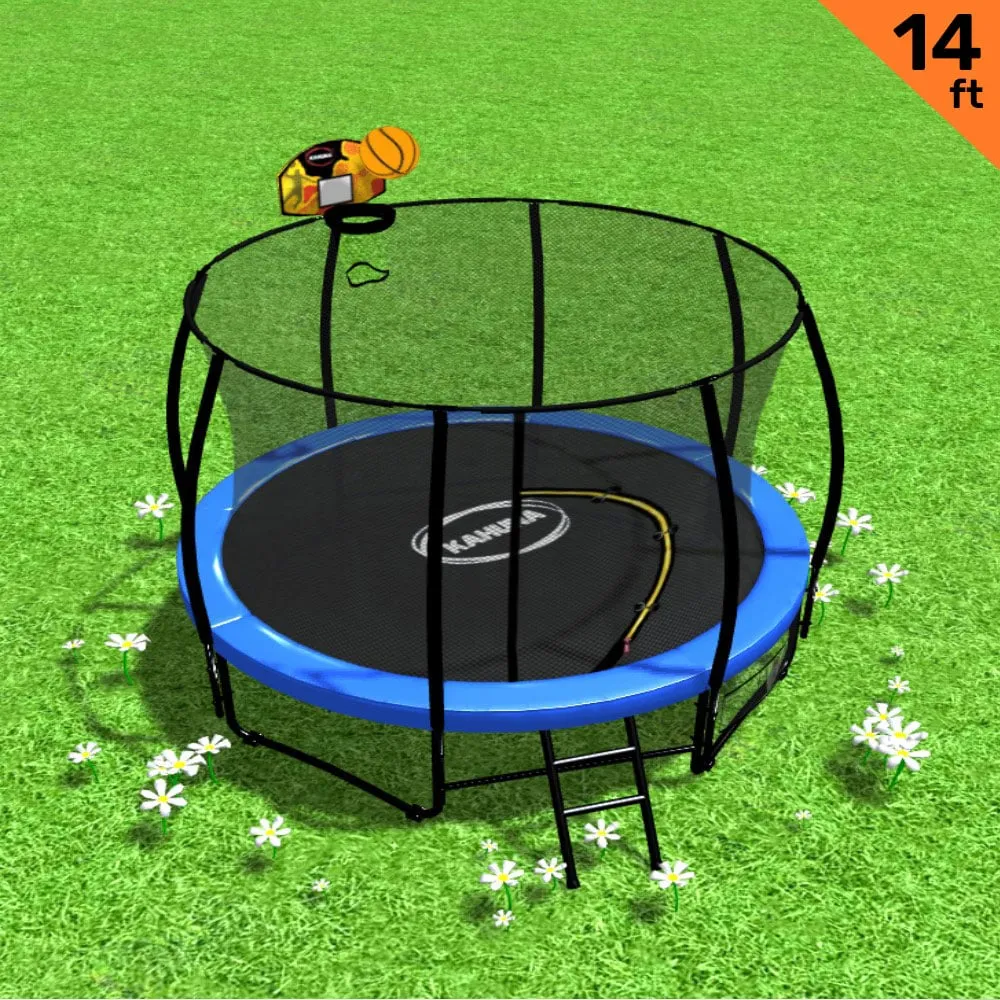 14ft Outdoor Trampoline for Kids with Safety Enclosure, Pad, Mat, Ladder, and Basketball Hoop Set - Blue