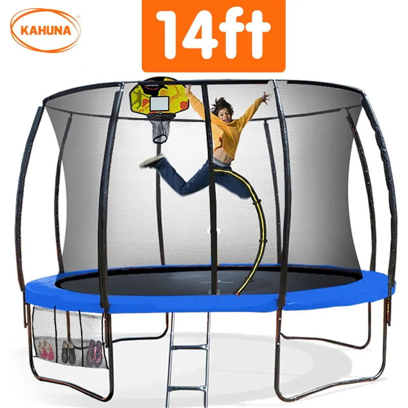 14ft Outdoor Trampoline for Kids with Safety Enclosure, Pad, Mat, Ladder, and Basketball Hoop Set - Blue