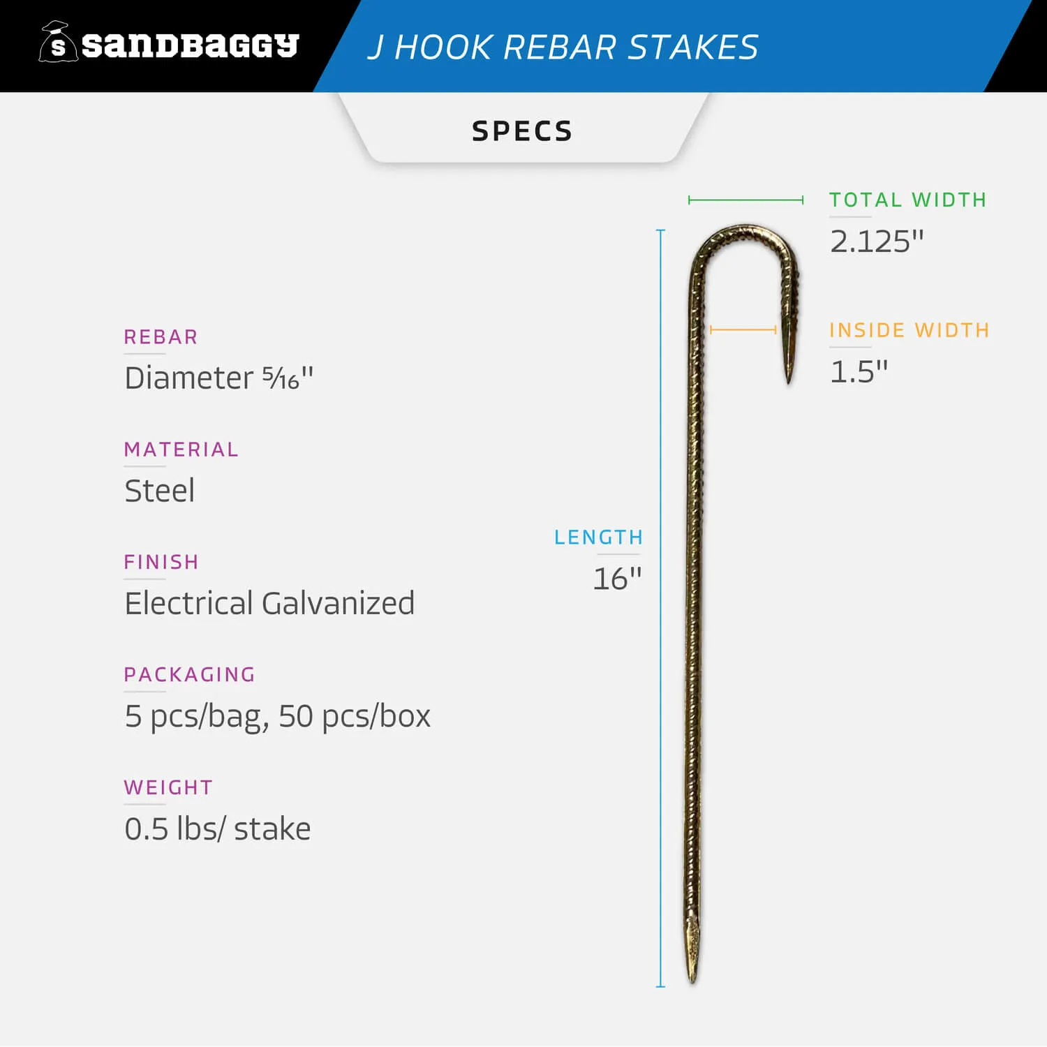 16" J Hook Rebar Stakes - Galvanized Steel - 5/16" Diameter