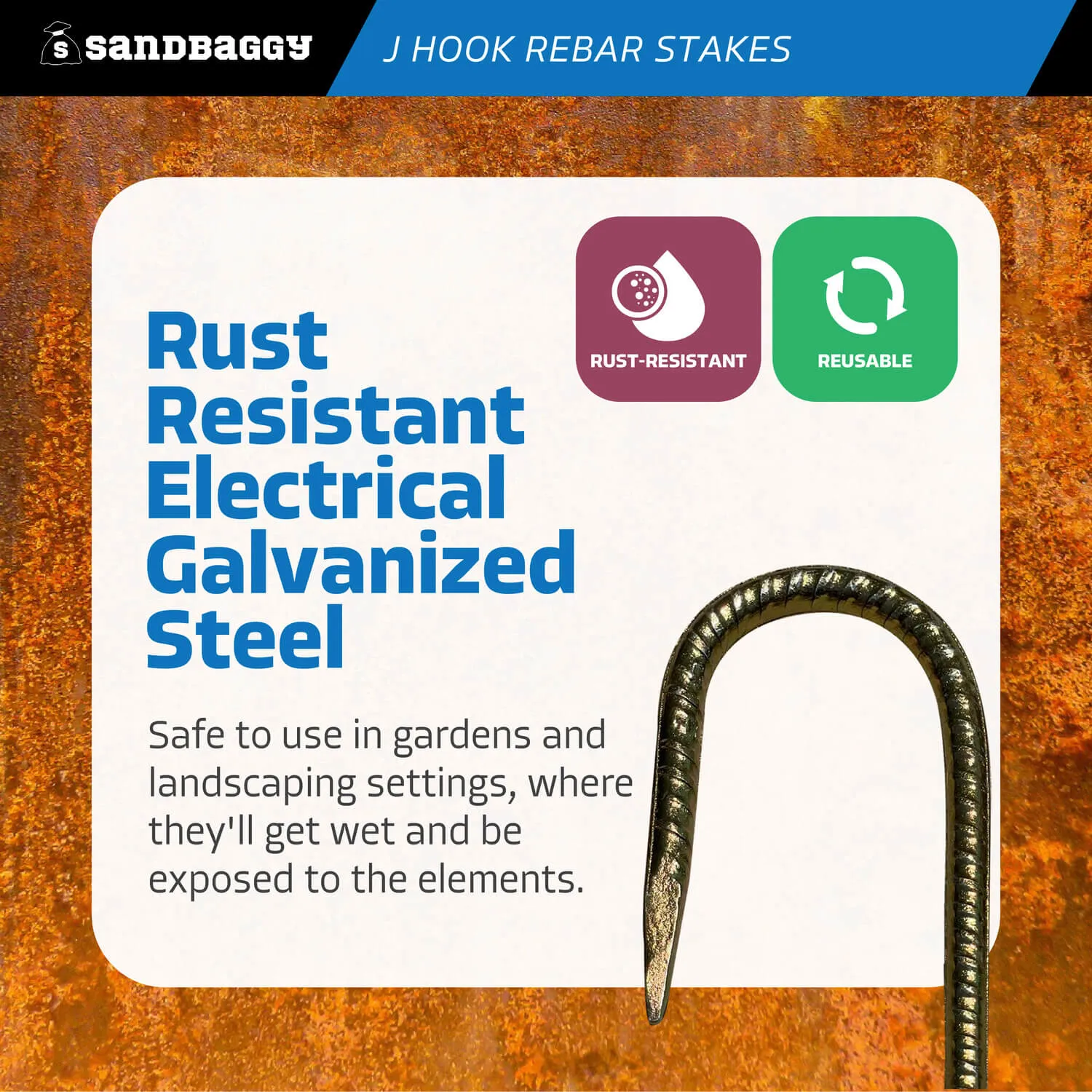 16" J Hook Rebar Stakes - Galvanized Steel - 5/16" Diameter