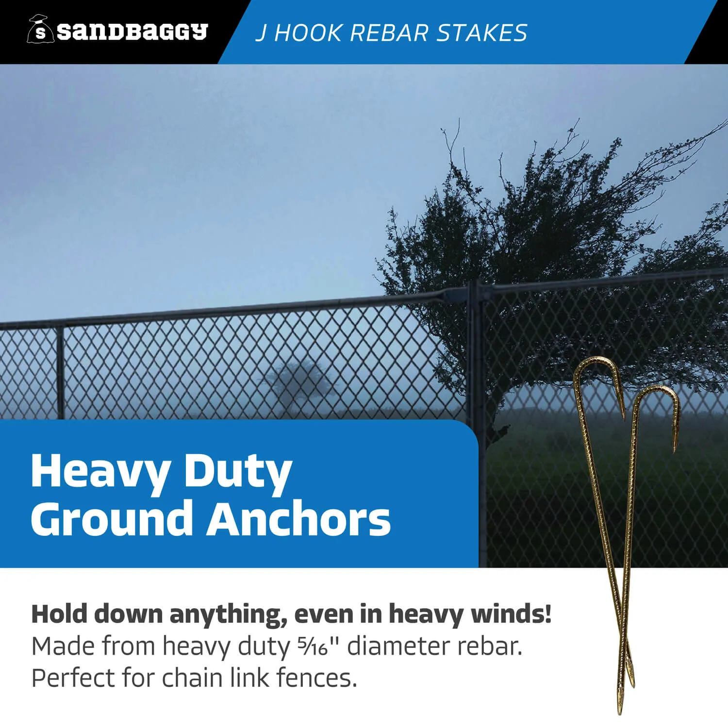 16" J Hook Rebar Stakes - Galvanized Steel - 5/16" Diameter