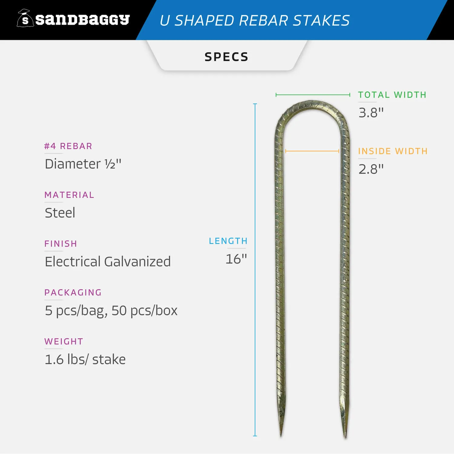 16" U Shaped Rebar Stakes - Galvanized Steel - 1/2" Diameter (#4 Rebar)