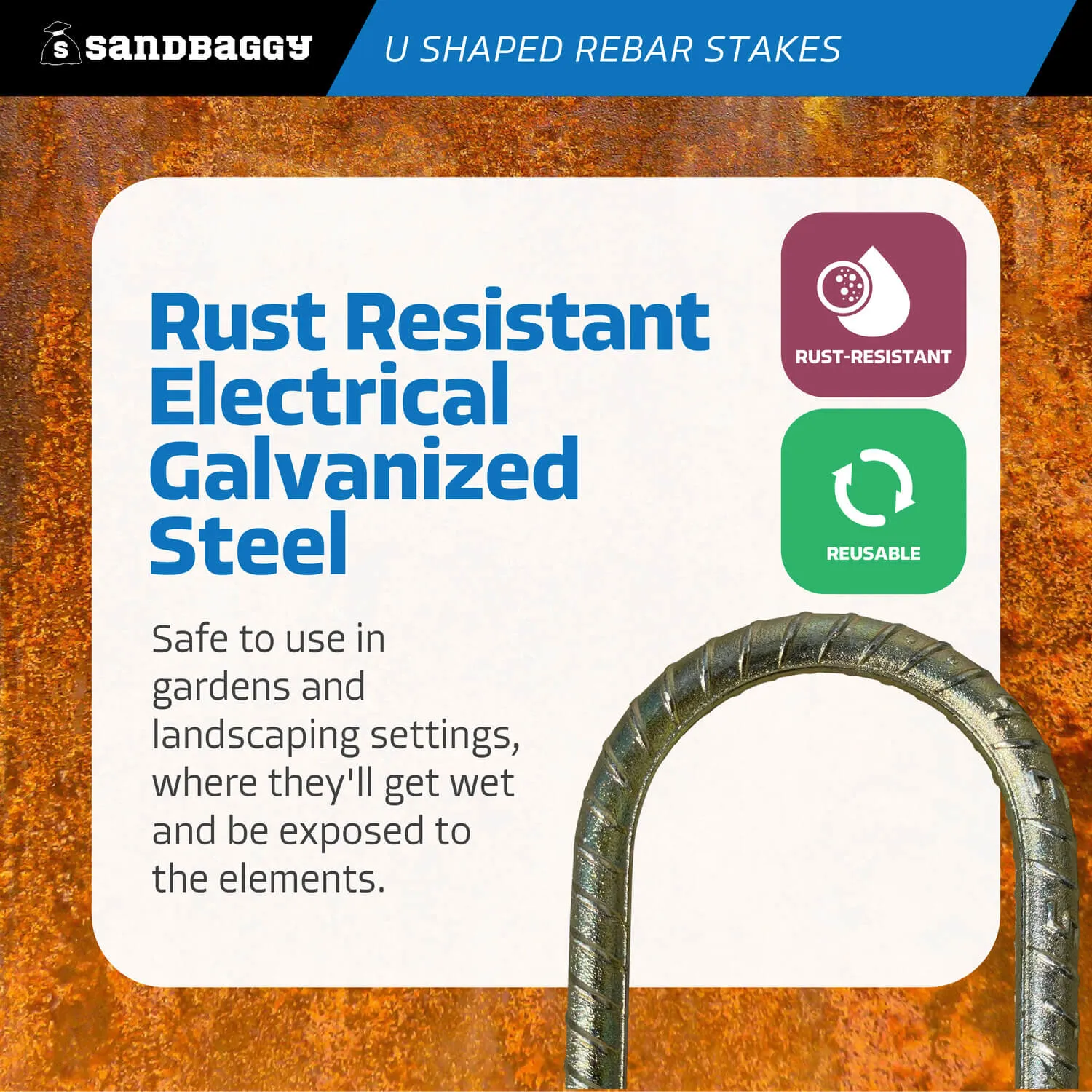 16" U Shaped Rebar Stakes - Galvanized Steel - 1/2" Diameter (#4 Rebar)