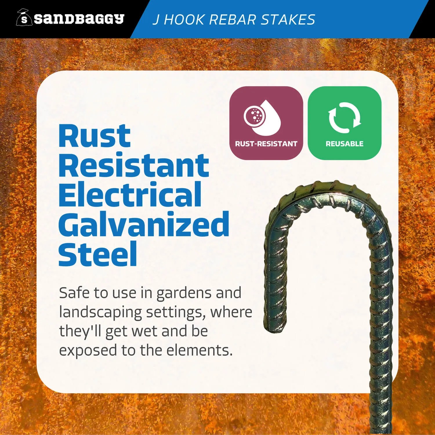 24" J Hook Rebar Stakes - Galvanized Steel - 1/2" Diameter (#4 Rebar)