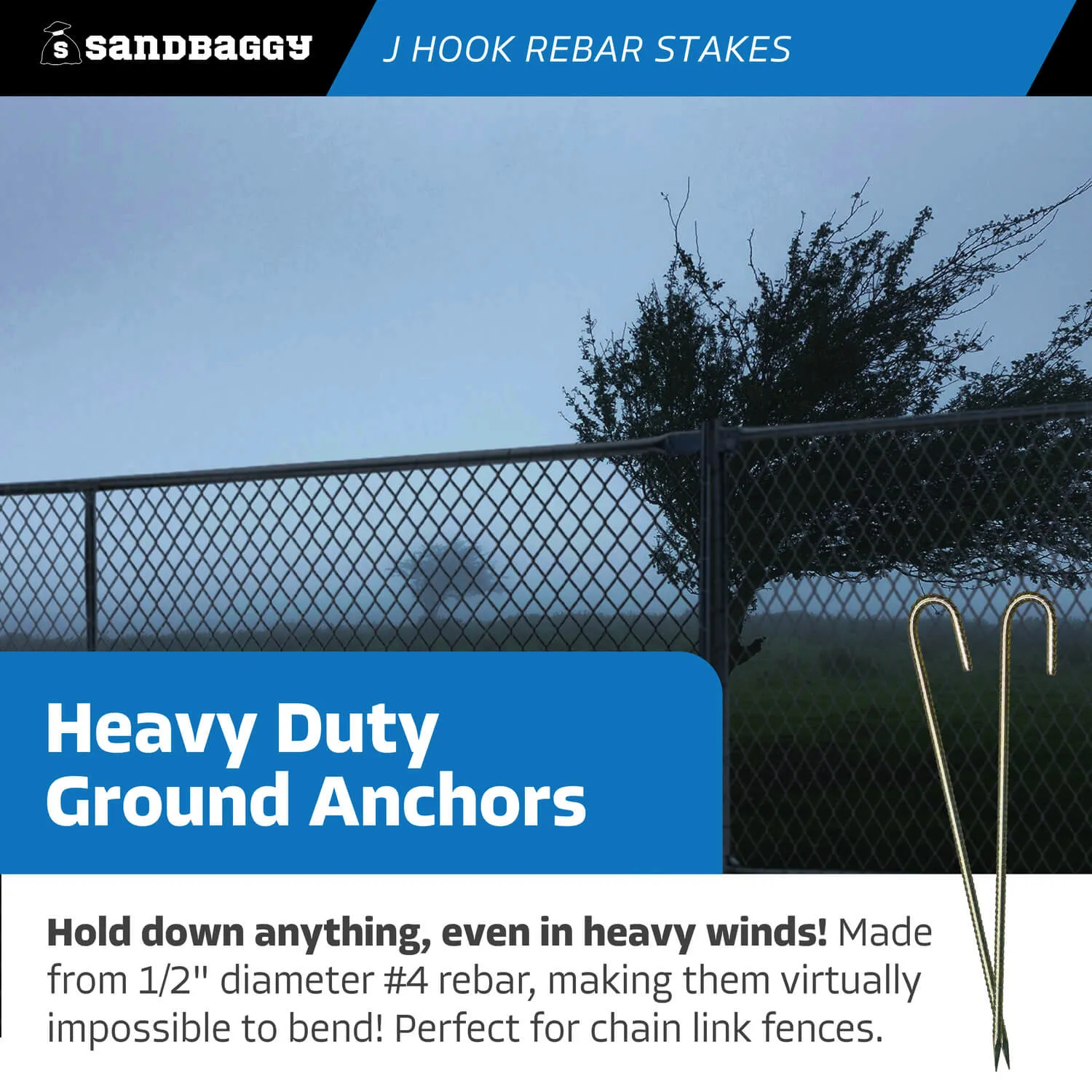 24" J Hook Rebar Stakes - Galvanized Steel - 1/2" Diameter (#4 Rebar)