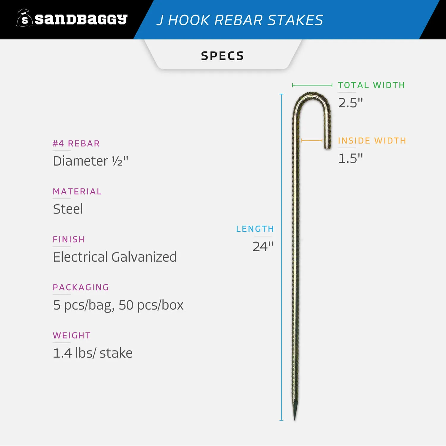 24" J Hook Rebar Stakes - Galvanized Steel - 1/2" Diameter (#4 Rebar)