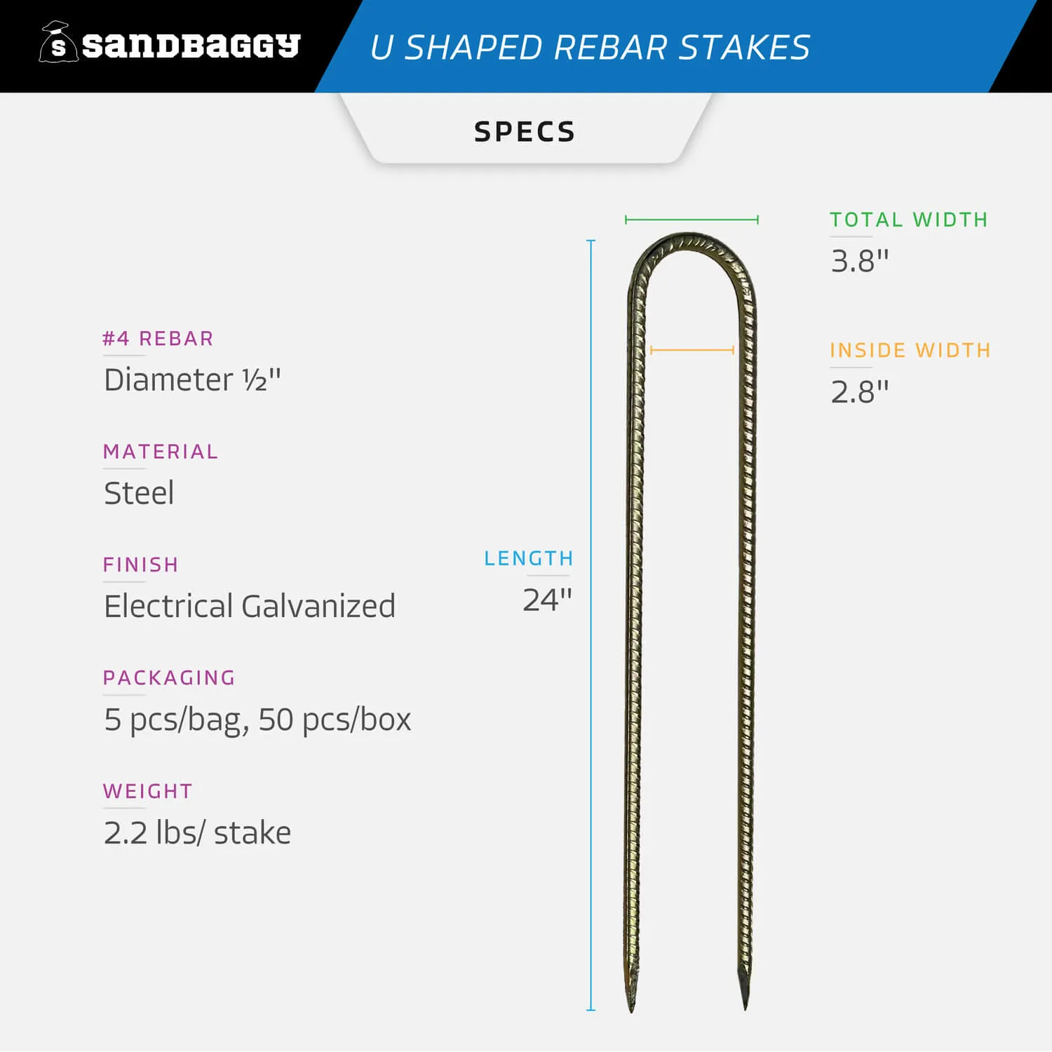 24" U Shaped Rebar Stakes - Galvanized Steel - 1/2" Diameter (#4 Rebar)