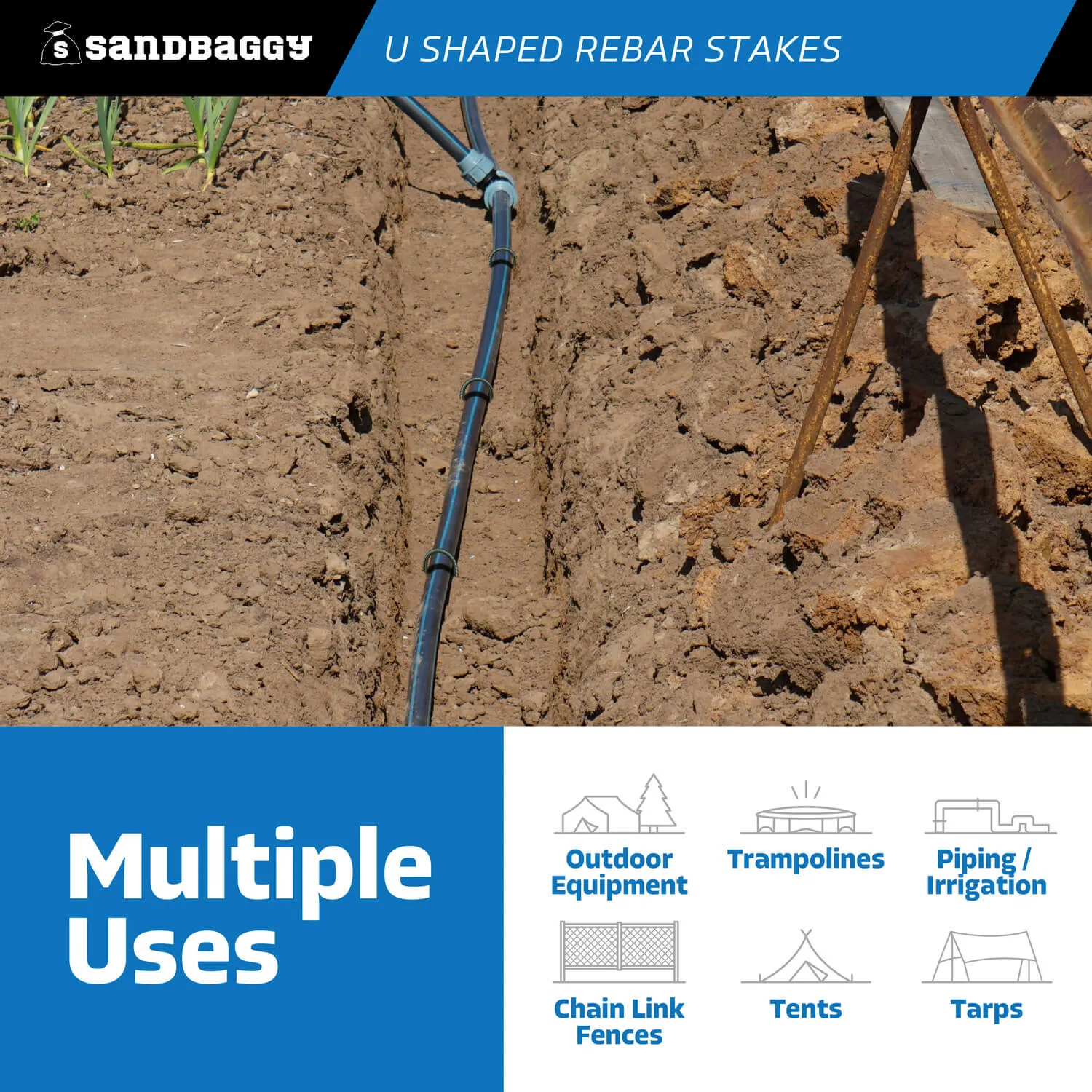24" U Shaped Rebar Stakes - Galvanized Steel - 1/2" Diameter (#4 Rebar)