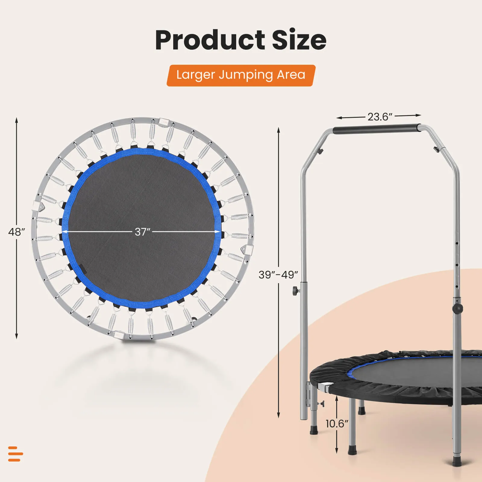 40"/48" Foldable Mini Trampoline for Adults, Rebounder Trampoline for Adults with Adjustable Bar