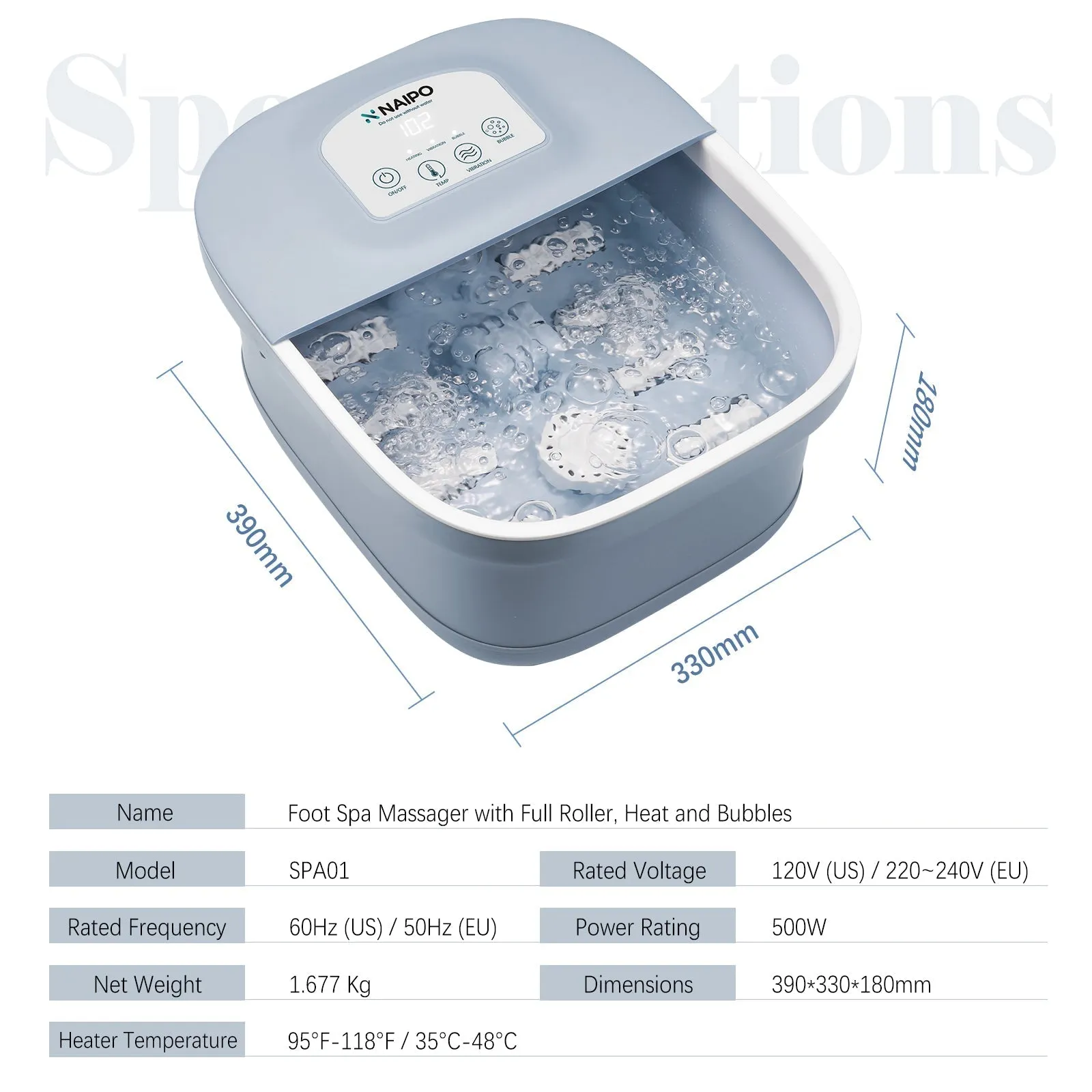 Foot Spa Bath Massager with Heat Bubbles Vibration 3 in 1 Function, 8 Masssage Rollers Soaker Digital Temperature Control Pedicure Tub Bath for Feet Home Use