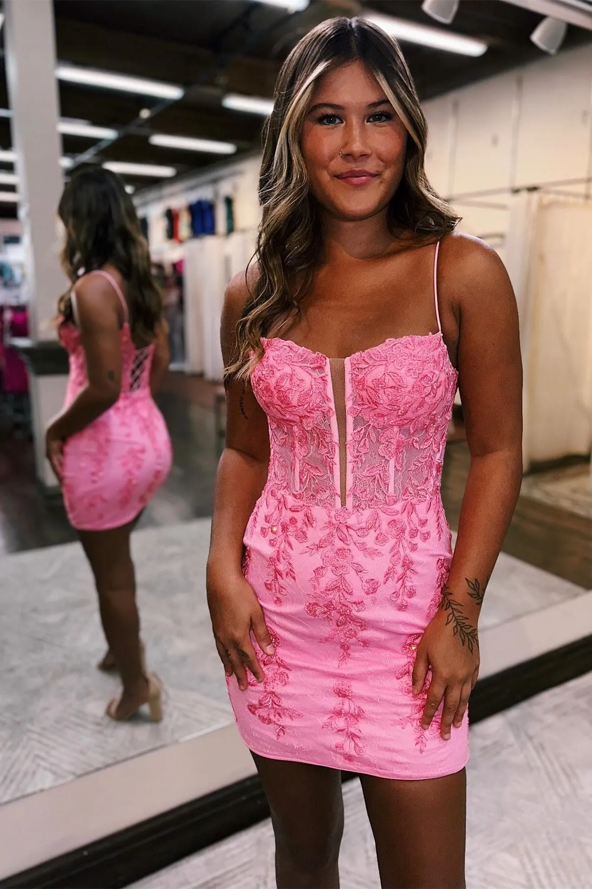 Hot Pink Appliques Cold-Shoulder Short Dress with Feathers