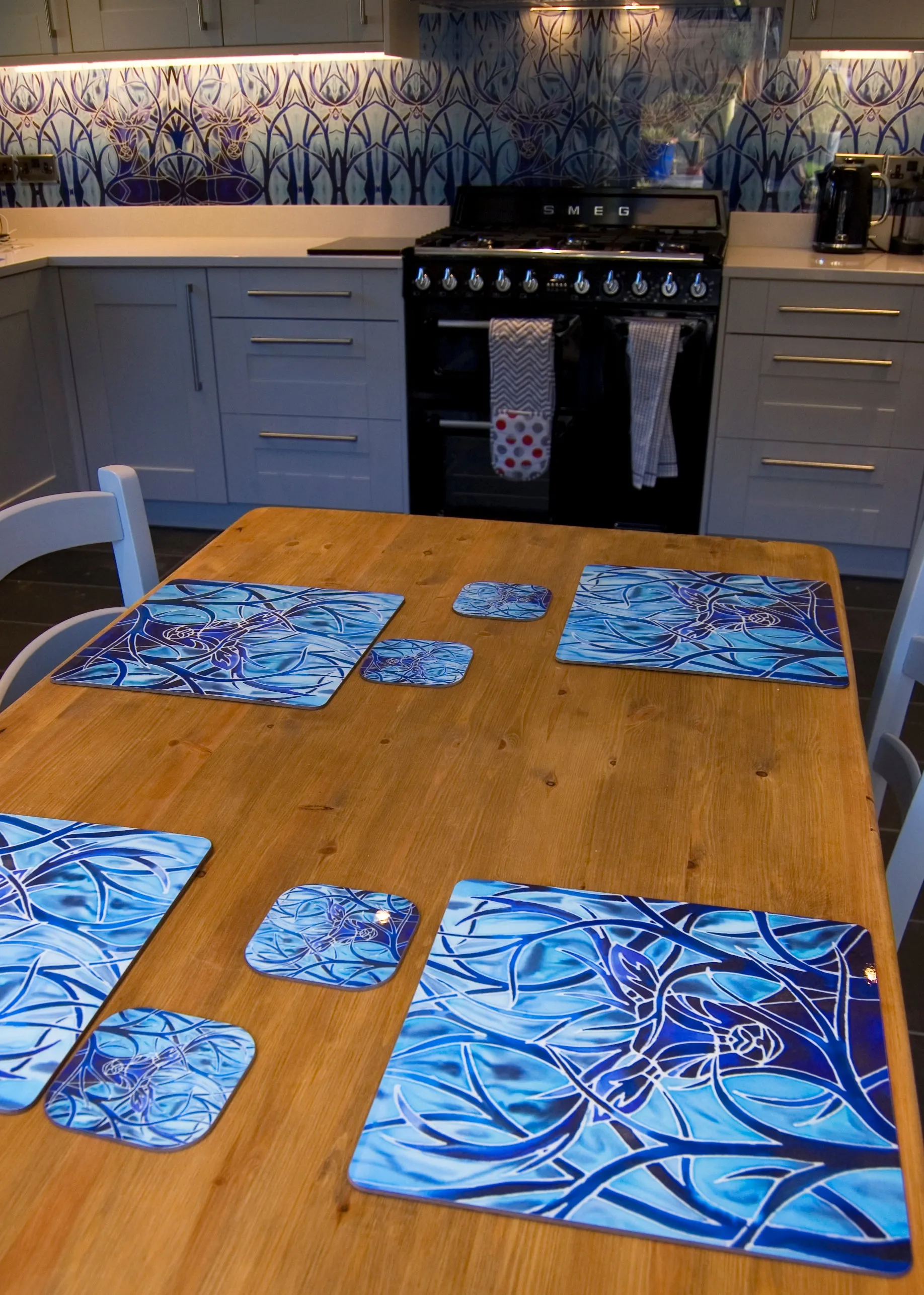 Kaleidoscope Butterfly Square Table Mats & Coasters - Lilac Charcoal Pink and Green Table Mats