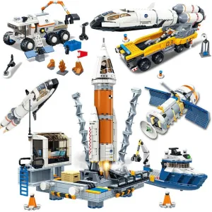 MOC NON  City Space Explore Shuttle Launch Center Building Blocks Set Rocket Satellite With Spaceman Bricks Toy For
