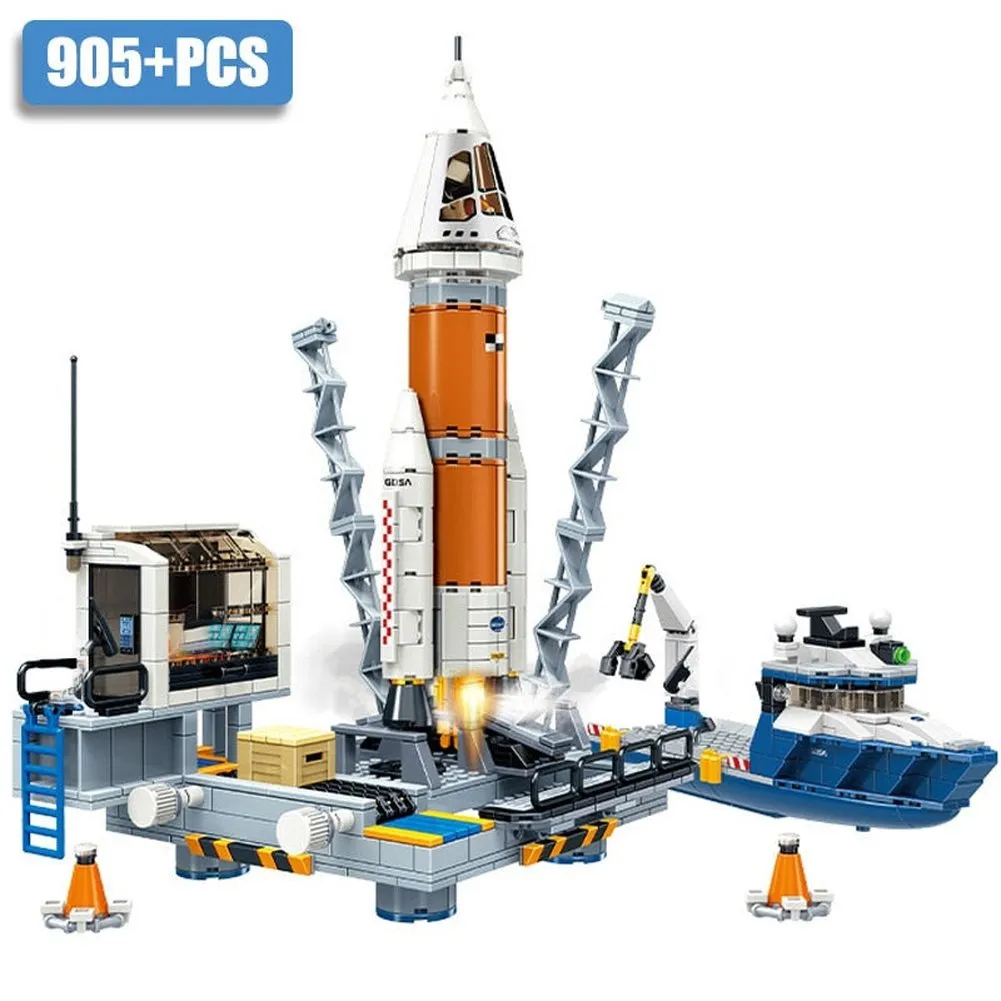 MOC NON  City Space Explore Shuttle Launch Center Building Blocks Set Rocket Satellite With Spaceman Bricks Toy For