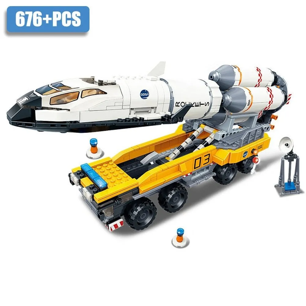 MOC NON  City Space Explore Shuttle Launch Center Building Blocks Set Rocket Satellite With Spaceman Bricks Toy For